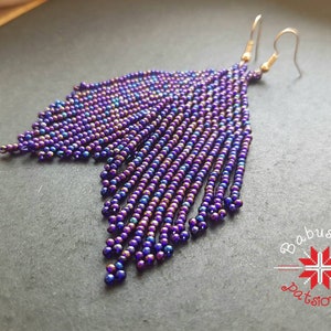 Purple beaded earrings Seed bead earring Beadwork purple earrings Dark purple melange fringe earrings Long boho earrings Native earrings