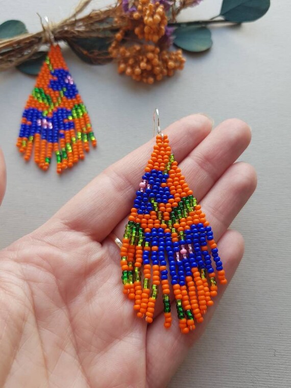 Orange Beaded Earrings Blue Flowers Earrings Matte Seed Bead