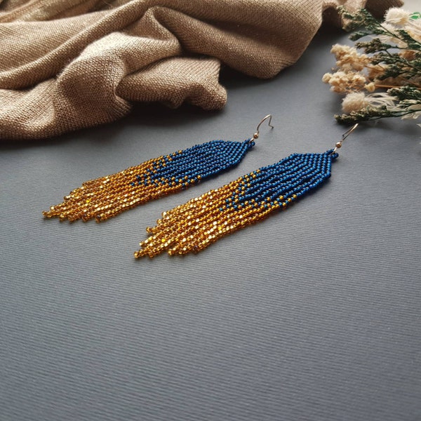 Navy blue gold ombre beaded earrings Long boho handwoven earrings Unique evening earrings Native earrings Seed bead earrings Bohemian Tribal