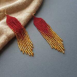 Red gold ombre beaded earrings Unique evening ruby earrings Long boho handwoven earrings Native earrings Seed bead earrings Bohemian Tribal