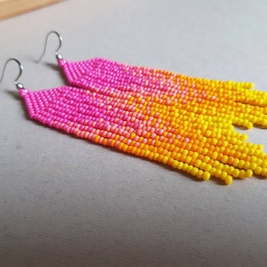 Pink yellow beaded earrings Bright summer earring Seed bead earrings Fringe beadwork earrings Long chandalier earrings WOW boho jewelry gift