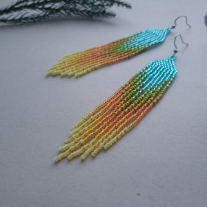 Turquoise beaded earrings Gradient bead earrings Orange boho earrings Seed bead earrings Fringe beadwork earrings Long earrings Gift jewelry
