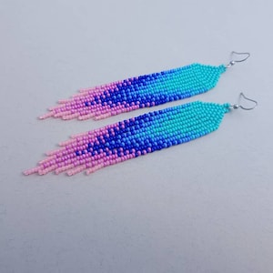 Turquoise pink beaded earrings Extra long gradient earrings Seed bead earrings Fringe pink navy blue beadwork earrings Boho ombre earrings