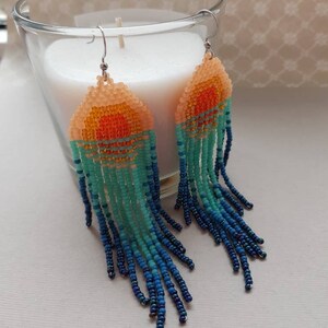 Sunset beaded earrings Turquoise bead earrings Sea beaded earrings Natural bead earrings Boho dangle earring Native jewelry Mother day gift image 6