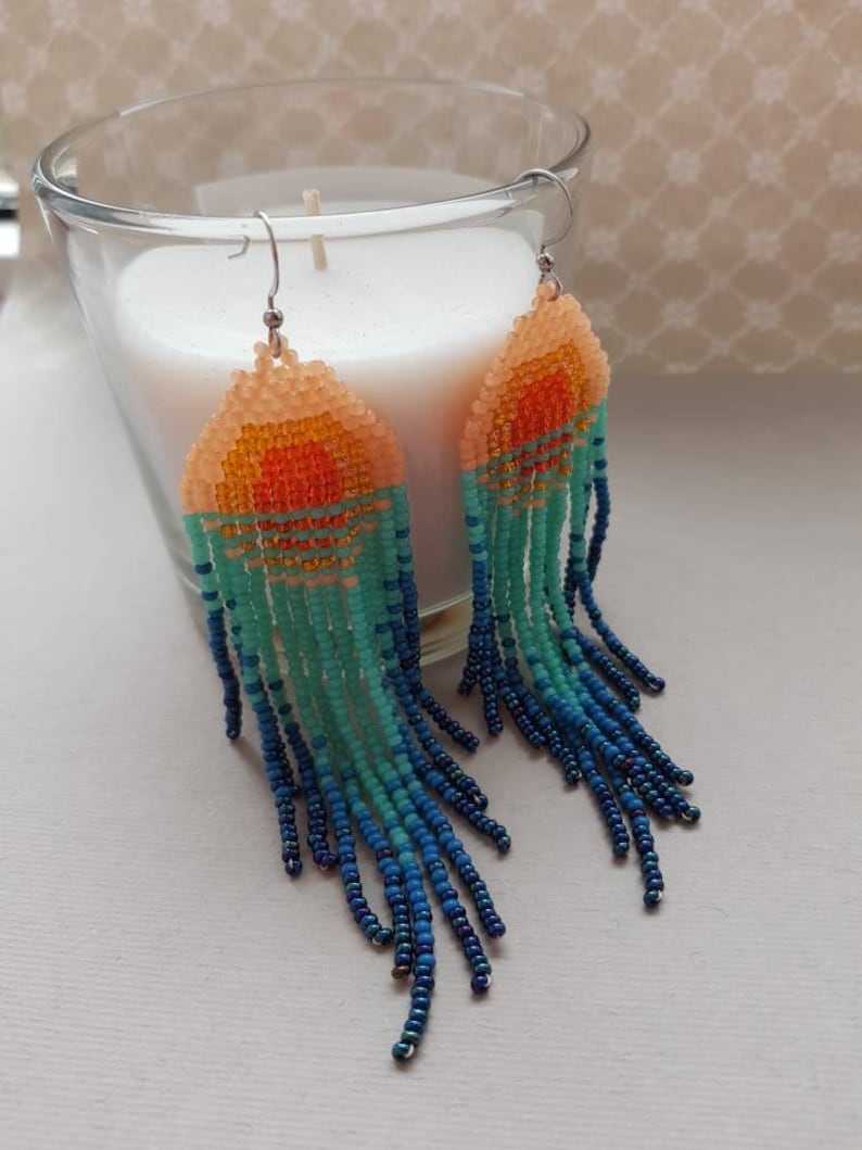 Sunset beaded earrings Turquoise bead earrings Sea beaded earrings Natural bead earrings Boho dangle earring Native jewelry Mother day gift image 6