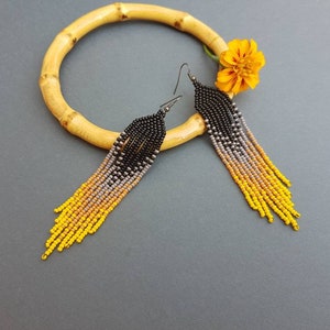 Yellow black beaded earrings Gradient seed bead earrings Fringe bead earrings Boho jewelry Long chandelier earrings Bohemian dangle earrings