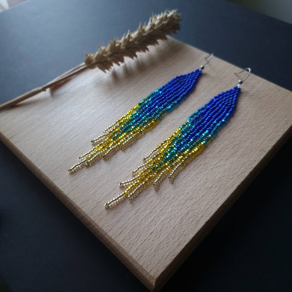 Blue yellow beaded earrings Extra long shining earrings Bohemian Seed bead earrings Fringe bead earrings Ukrainian artist Ukrainian earrings