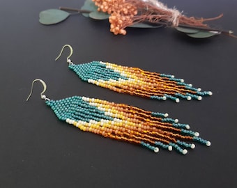 Turquoise beaded earrings Bohemian earrings Shiny seed bead earrings Fringe beadwork earrings Long orange earrings Boho jewelry Gift for her