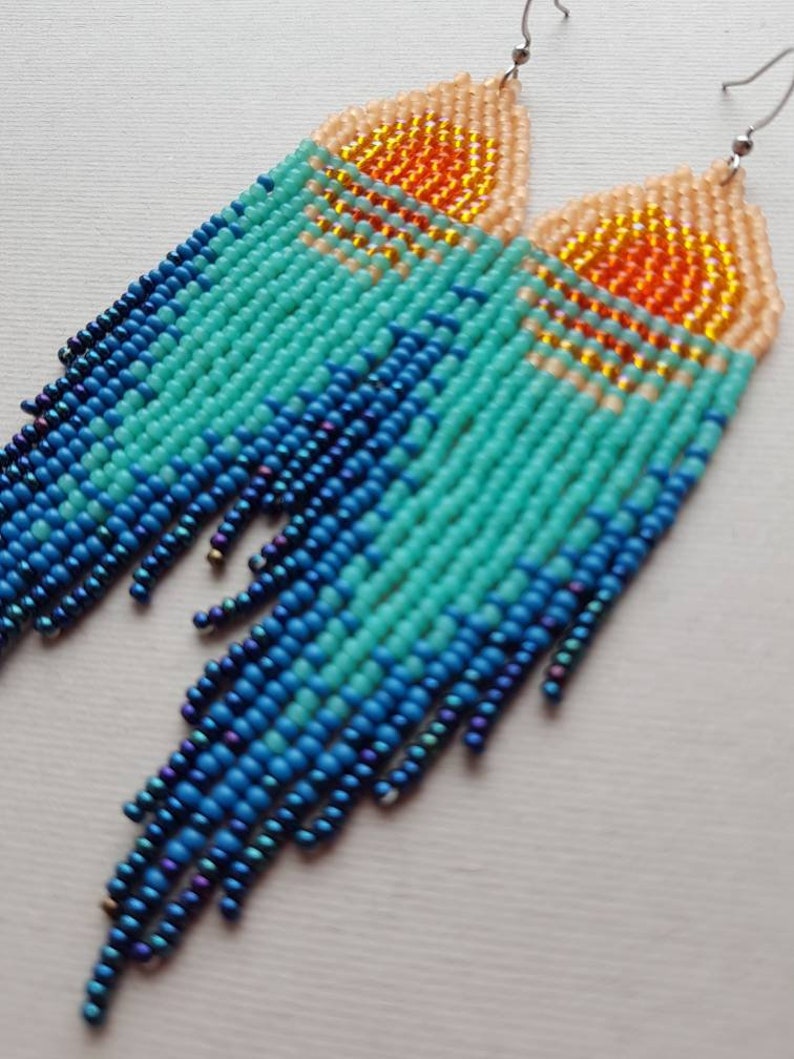 Sunset beaded earrings Turquoise bead earrings Sea beaded earrings Natural bead earrings Boho dangle earring Native jewelry Mother day gift image 3