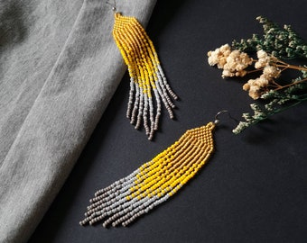 Yellow gray beaded earrings Gradient seed bead earrings Fringe bead earrings Boho jewelry Long chandelier earrings Bohemian dangle earrings