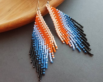 Sunset on the river Blue orange beaded earrings Ombre seed bead earrings earrings Fringe gradient earrings Boho jewelry Chandelier earrings