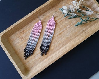 Pink gray beaded earrings Bohemian seed bead earrings Black chandelier earrings Gradient earrings Fringe beadwork earrings Long boho jewelry