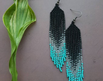 Black turquoise beaded earrings Ombre earrings Seed bead earrings Fringe beadwork earrings Long earrings Boho jewelry Chandelier earrings