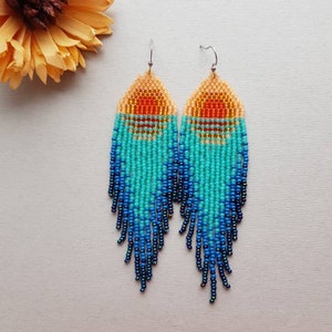 Sunset beaded earrings Turquoise bead earrings Sea beaded earrings Natural bead earrings Boho dangle earring Native jewelry Mother day gift image 10