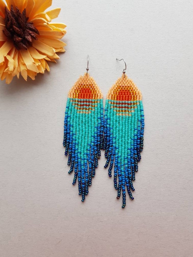 Sunset beaded earrings Turquoise bead earrings Sea beaded earrings Natural bead earrings Boho dangle earring Native jewelry Mother day gift image 10