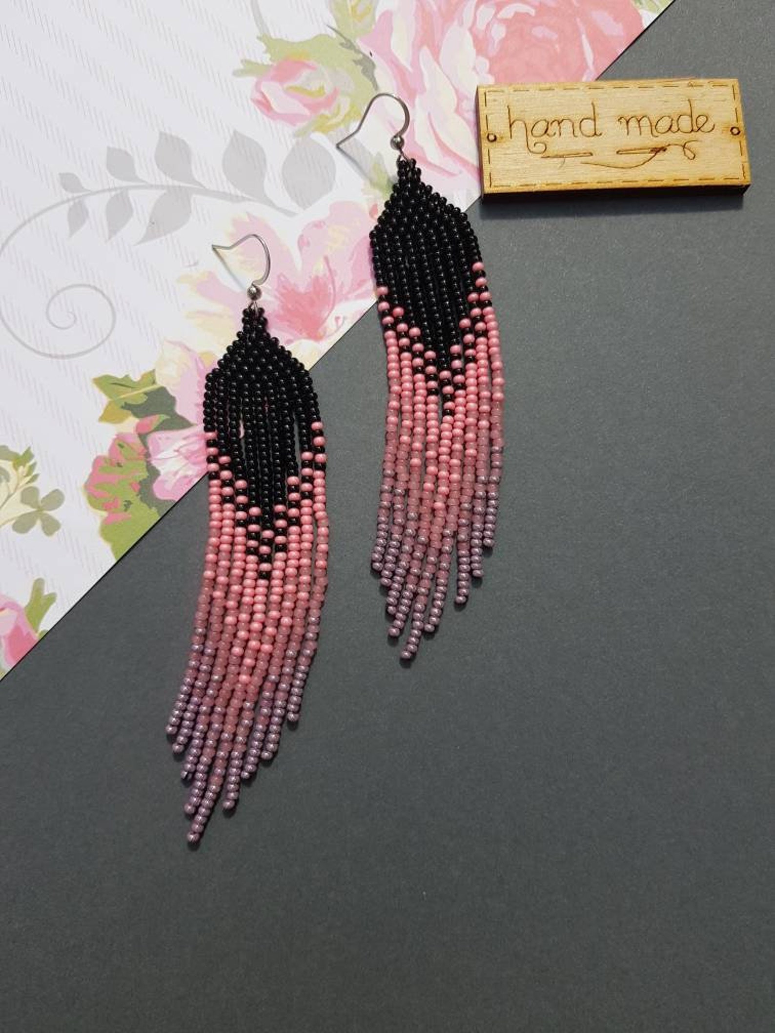 Pink Beaded Earrings Black Ombre Earrings Seed Bead Earrings - Etsy