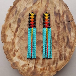Long turquoise beaded earrings Southwest design Modern seed bead earrings Fringe chandelier earring Boho beadwork jewelry Native style
