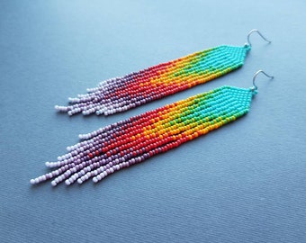 Colored beaded earrings Rainbow seed bead earrings Gradient chandelier earrings Long multicolor earrings Unique dangle earring Beadwork gift