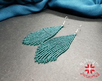 Seed bead earring Turquoise beaded earrings Beadwork earrings Melange fringe earrings Long boho earrings Chandelier earrings Jewelry gift