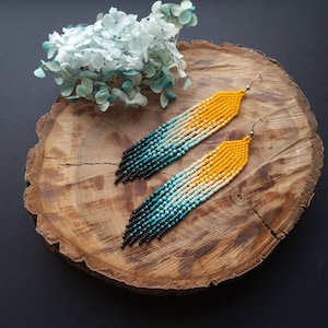 Orange turquoise beaded earrings Native earrings Gradient bead earrings Turquoise bead earrings Fringe long earrings Emerald beaded jewelry