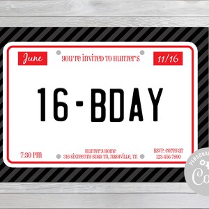 Boy&#39;s License Plate Birthday Invite - Sixteenth Birthday Invite - 16th Birthday Invite - License Plate Birthday Invite - Corjl
