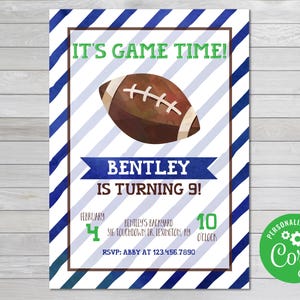 Editable, Watercolor, Football Birthday Invitation, Football Birthday Party Invite, It&#39;s Game Time Birthday Invitation, Boys Birthday Invite