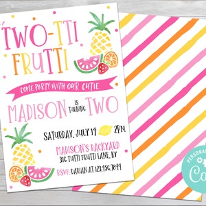 Editable Tutti Frutti Birthday Invite Two-tti Frutti Birthday Invite Twotti Frutti Invite Girl's Birthday Invite Front & Back Corjl