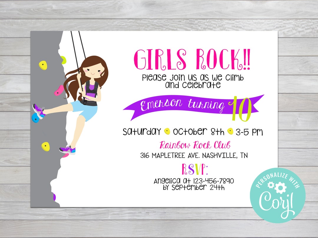 Editable Girls Rock Climbing Invitation Climbing Girl Birthday Invite