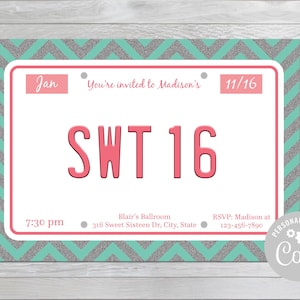 Girl&#39;s License Plate Birthday Invite - Sweet Sixteen Birthday Invite - Sweet 16 Birthday Invite - License Plate Birthday Invite - Corjl