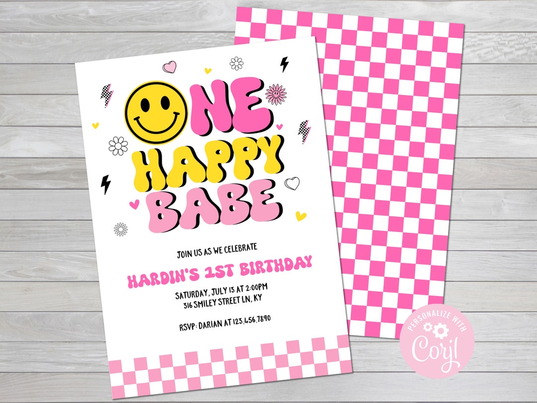 One Happy Babe Birthday Invitation Retro Smiley Face Birthday Invite ...