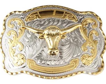 Western Belt Buckle Gold Longhorn Steer Head Silver Engraved 1 1/2". Style 1. 5 1/2" x 3 7/8".