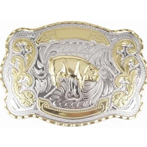 May include: A rectangular, two-tone belt buckle with a gold-colored bull in the center. The buckle has a silver-colored background with ornate gold-colored filigree and a gold-colored border.