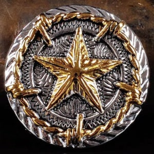 1-5/16" Concho with Gold Star and Barbed Wire detail. Screw Back.