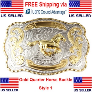 1-1/2&quot; Big Gold Quarter Horse Western Belt Buckle. Style 1. 5-1/2&quot; x 3-7/8&quot;.