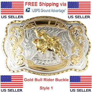 1 1/2&quot; Big Gold Bull & Rider Western Belt Buckle (Style 1) 5 1/2&quot; x 4&quot;
