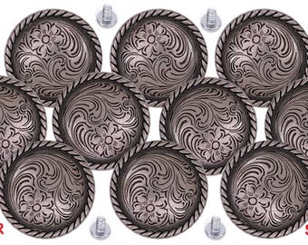 10 PC 1-1/2" Antique Silver Heavy Western Flower Design Engraved Concho