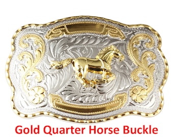 1-1/2" Big Gold Quarter Horse Western Belt Buckle. 5-1/2" x 3-7/8".