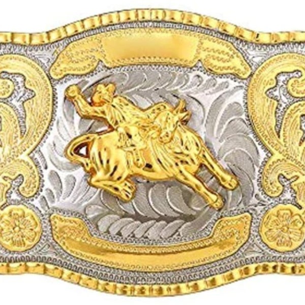 1 1/2" Big Gold Bull Riding Western Belt Buckle (Style 2) 5 1/2" x 4"