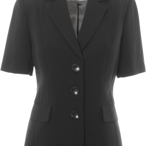 May include: A black short-sleeved blazer with a notched collar and three buttons. The blazer has a label that says "Busy 10".
