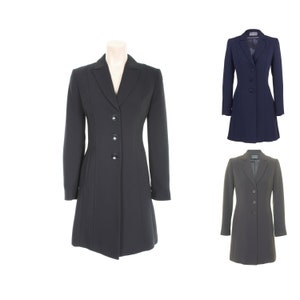 May include: Three long-sleeved jackets in different colours: black, navy blue, and grey. Each jacket has a classic collar, four buttons down the front, and a fitted silhouette.