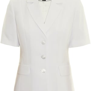 May include: A white short-sleeved blazer with a notched collar and three buttons. The blazer has a label that says "Busy" on it.