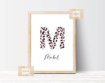 Leopard Initial Baby Room Heather & Pink - Personalised Nursery Print Name 