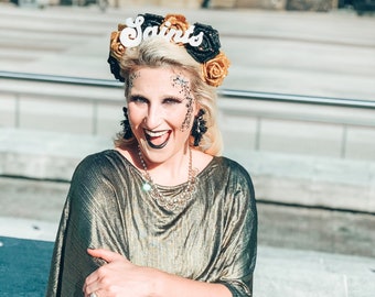 Personalized Saints Headband: Black & Gold Game Day Headpiece