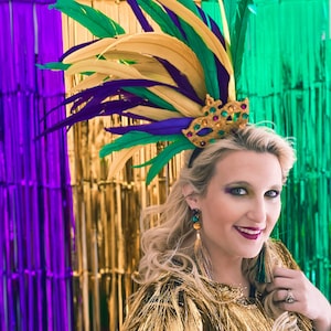Feather Mardi Gras Headband: Rhinestone Mask, Purple, Green, Gold