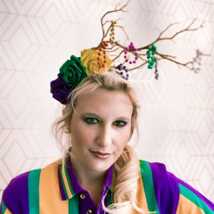 Bead Tree Mardi Gras Headband: Glittered Flowers Party Headpiece