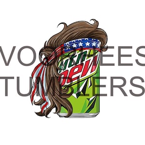 May include: A green and white Mountain Dew can with a brown and red bandana with white stars around it. The bandana is tied around the can like a headband and has long brown hair coming out from under it.