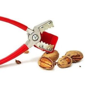 May include: A red and silver pecan cracker with a red plastic handle and a silver metal jaw. The cracker is open and there are several pecan halves on a white surface.