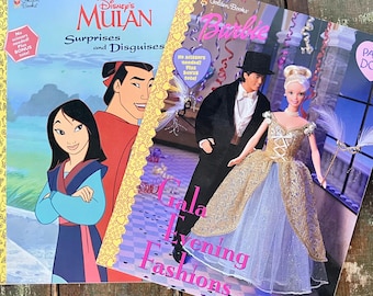PaperDOLL books set of BARBIE Gala Evening Fashions and Disneys Mulan Surprises and Disguises vintage 1998 Golden Books