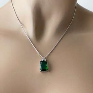 Emerald Necklace, 925 Sterling Silver Emerald Rectangular Necklace, Pendant, C Z Necklace, May Birthstone, Green Rectangular CZ Necklace.