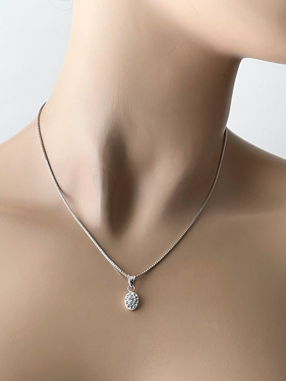 Sterling Silver Crystal Oval Necklace, Rhinestone Pendant